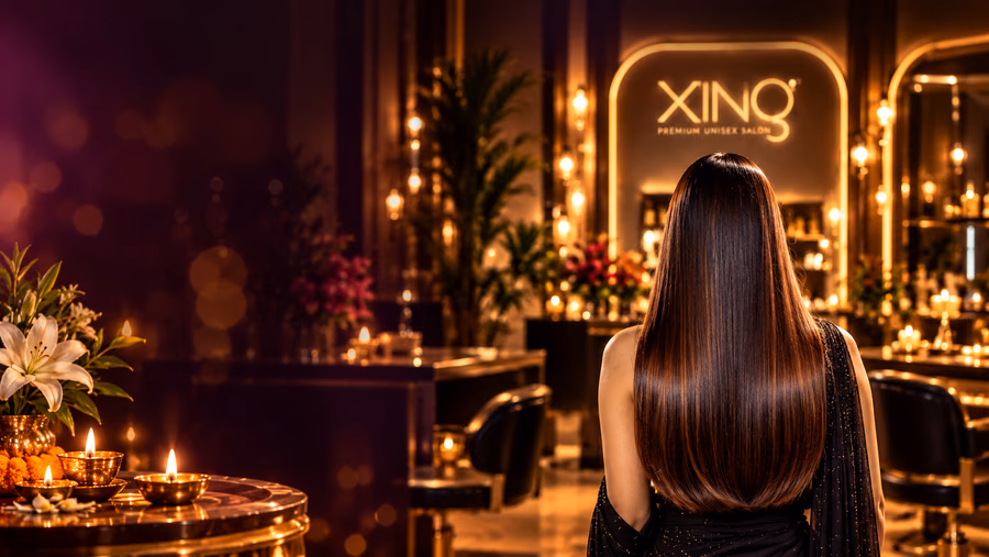Long, smooth, glossy straightened hair by Xing Premium Salon, Bangalore — Diwali nanoplastia styling