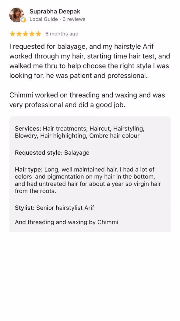 Google review — Suprabha Deepak, balayage